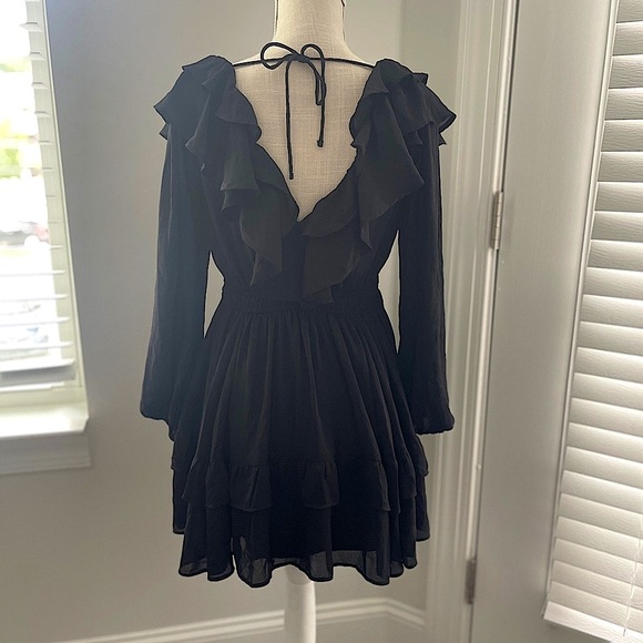Abercrombie & Fitch Ruffle Chiffon Mini Dress Black Deep V Neck - Picture 6 of 8